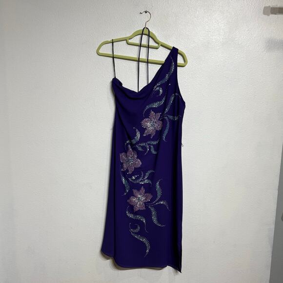 Shangri La Purple Embroidered One Shoulder Vintage Midi Dress Sz M - Picture 2 of 13